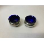 Pair of Silver Salts with Blue Glass Liners