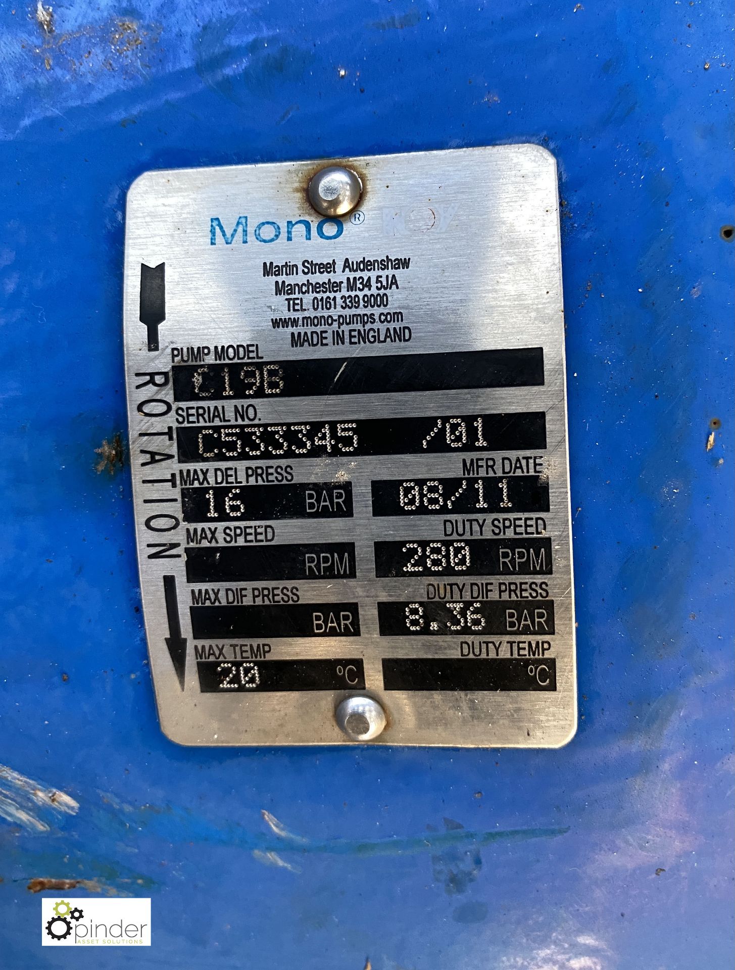 Mono C19B Pump, with motor, max DEL pressure 16bar (please note this lot has a lift out fee of £10 - Image 3 of 4