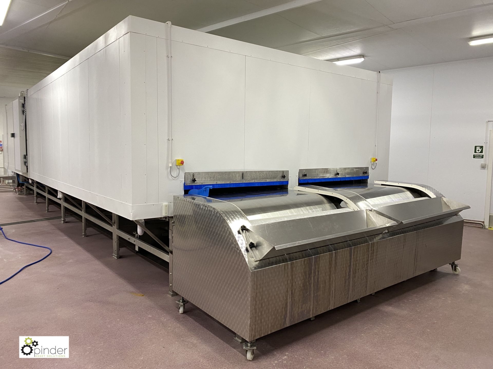 Torry twin lane Freezer comprising twin solid band stainless steel belts, 1500mm belt width, 11.3m