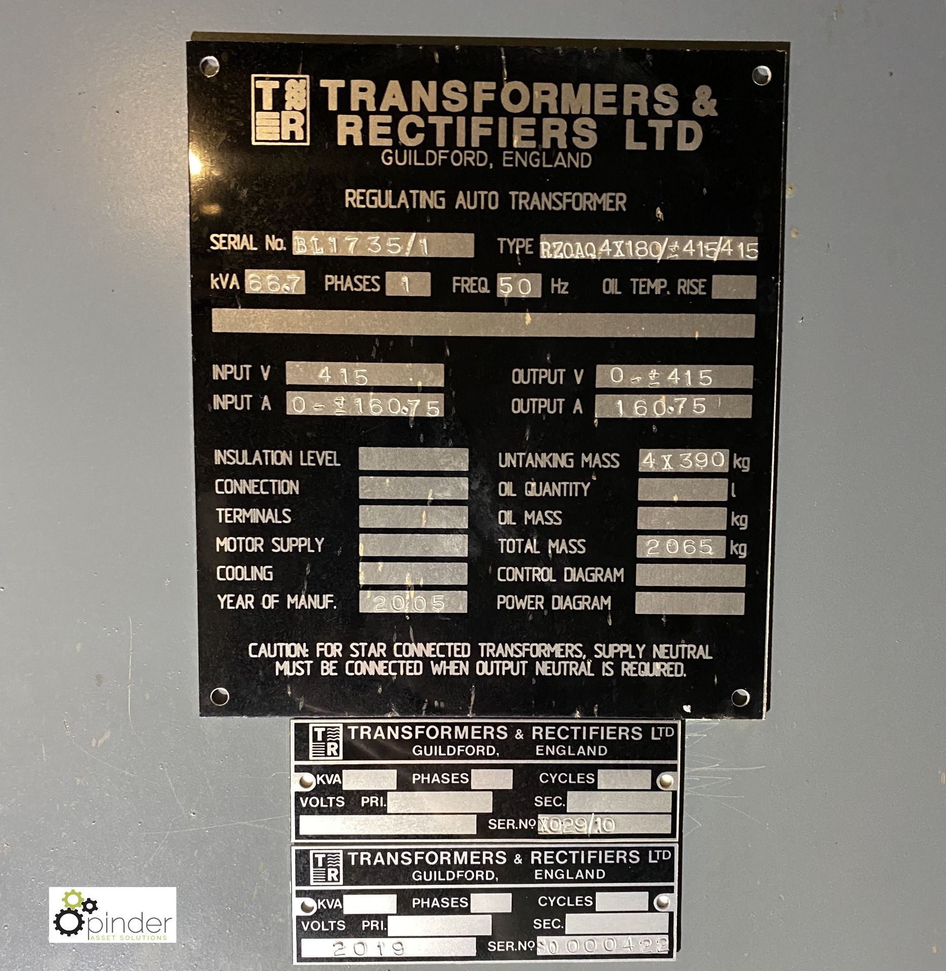 Transformers and Rectifiers Ltd RZOAQ 4X180/415/415 Regulating Auto Transformer, 66.7kva, phase 1, - Image 3 of 5