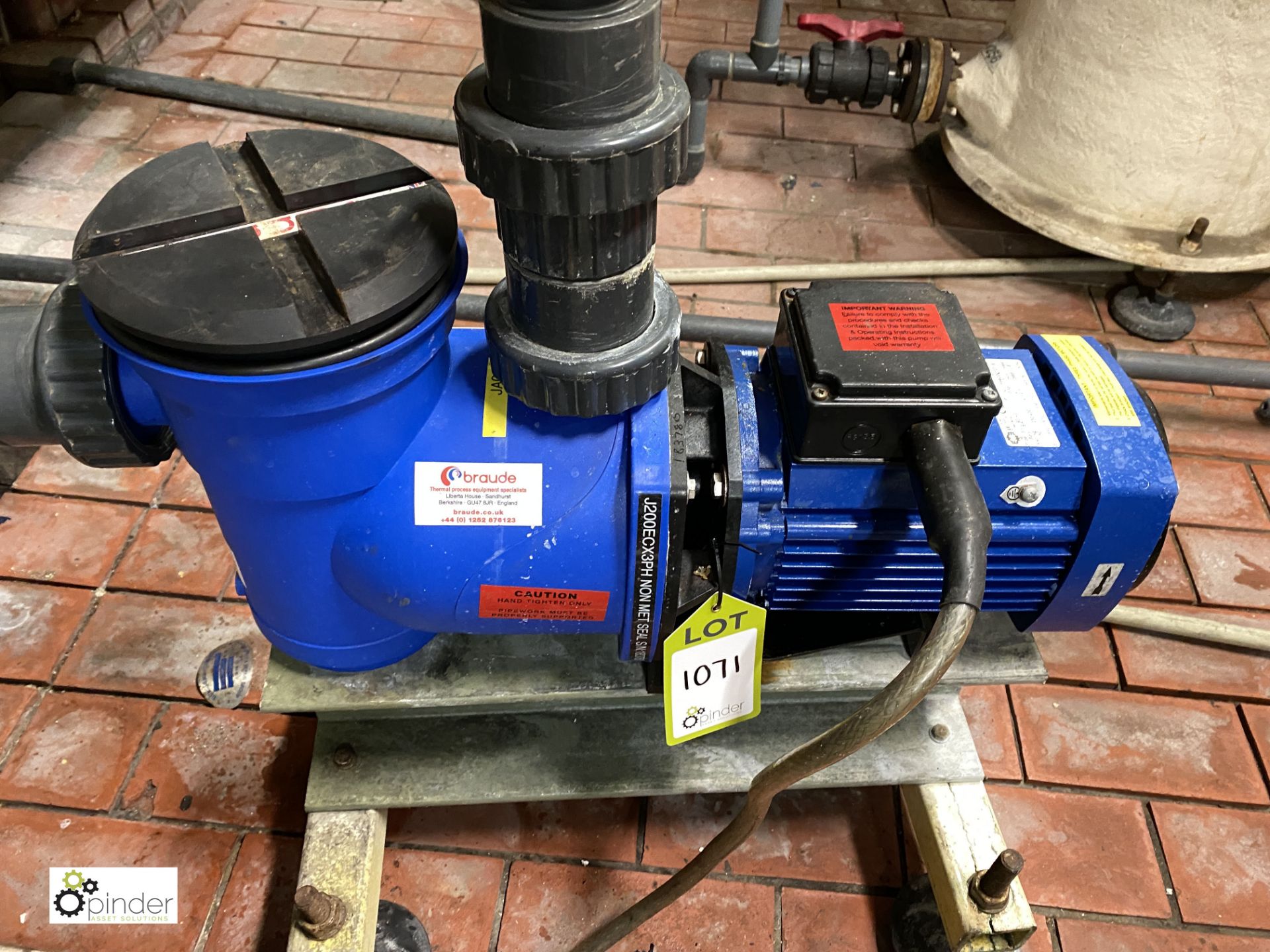 Braude Self Priming Pump c/w Pre-filter basket, Type J200ECX3PH, S/N 183780, Motor U80A2, 1.1Kw, - Image 2 of 3