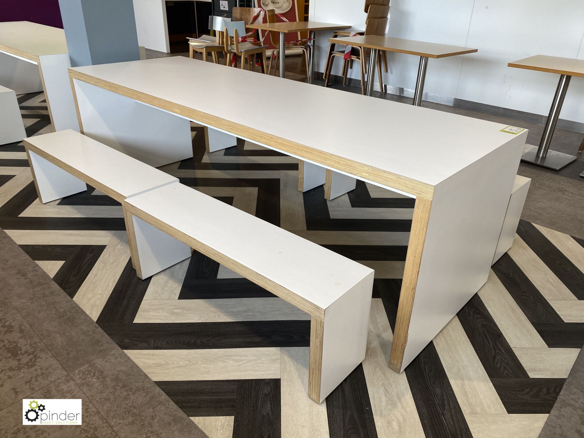 White Refectory Table, 2400mm x 800mm x 800mm, with 3 benches (located in Restaurant)