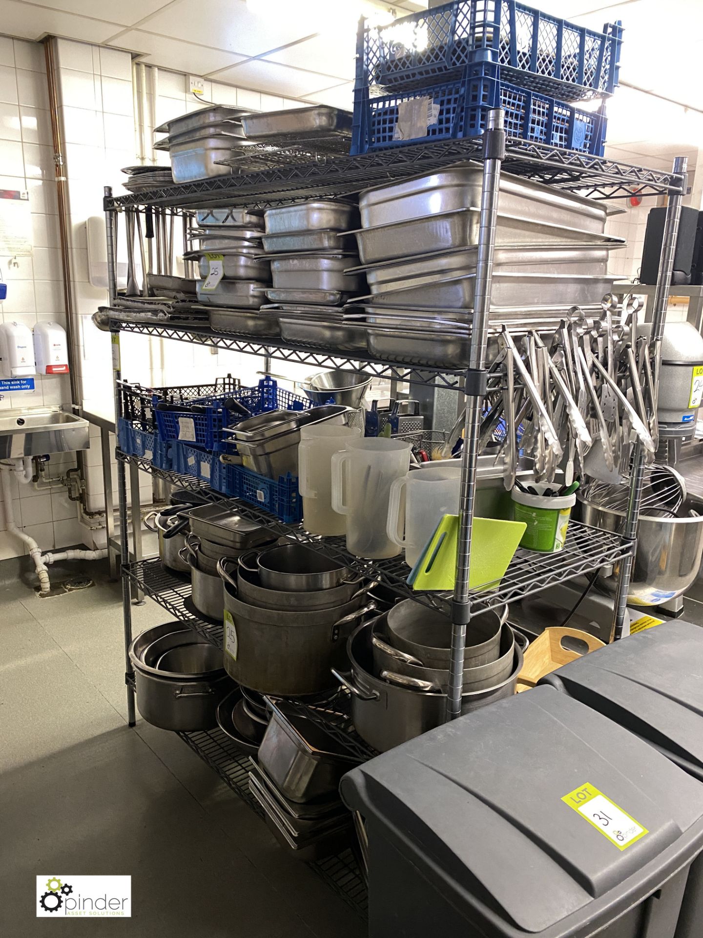 Large quantity Cooking Pots, Oven Trays, Utensils, etc, to rack (located in Kitchen)