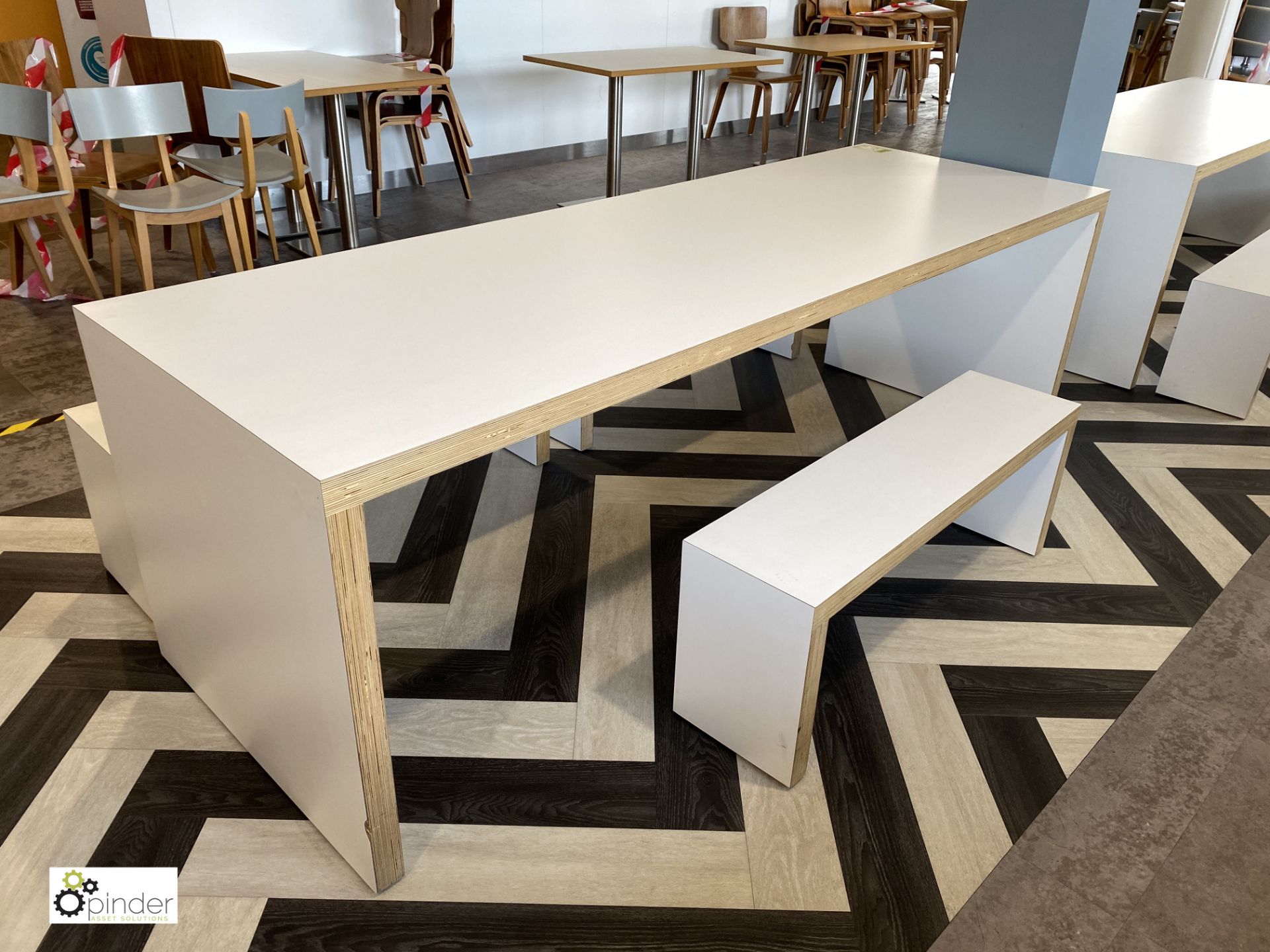 White Refectory Table, 2400mm x 800mm x 800mm, with 3 benches (located in Restaurant) - Image 3 of 3