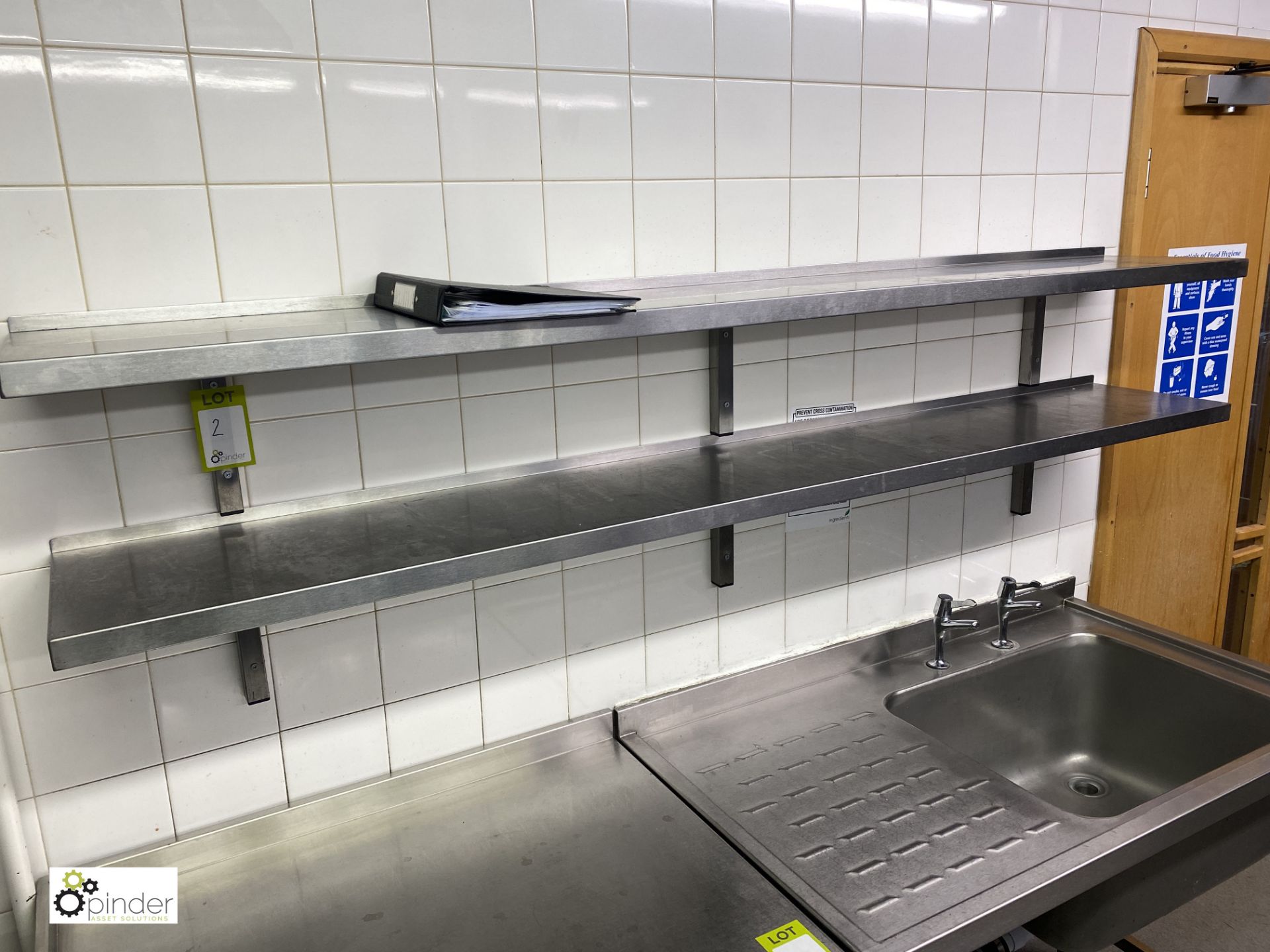 2 stainless steel wall mounted Shelves, 2000mm x 300mm (located in Kitchen)