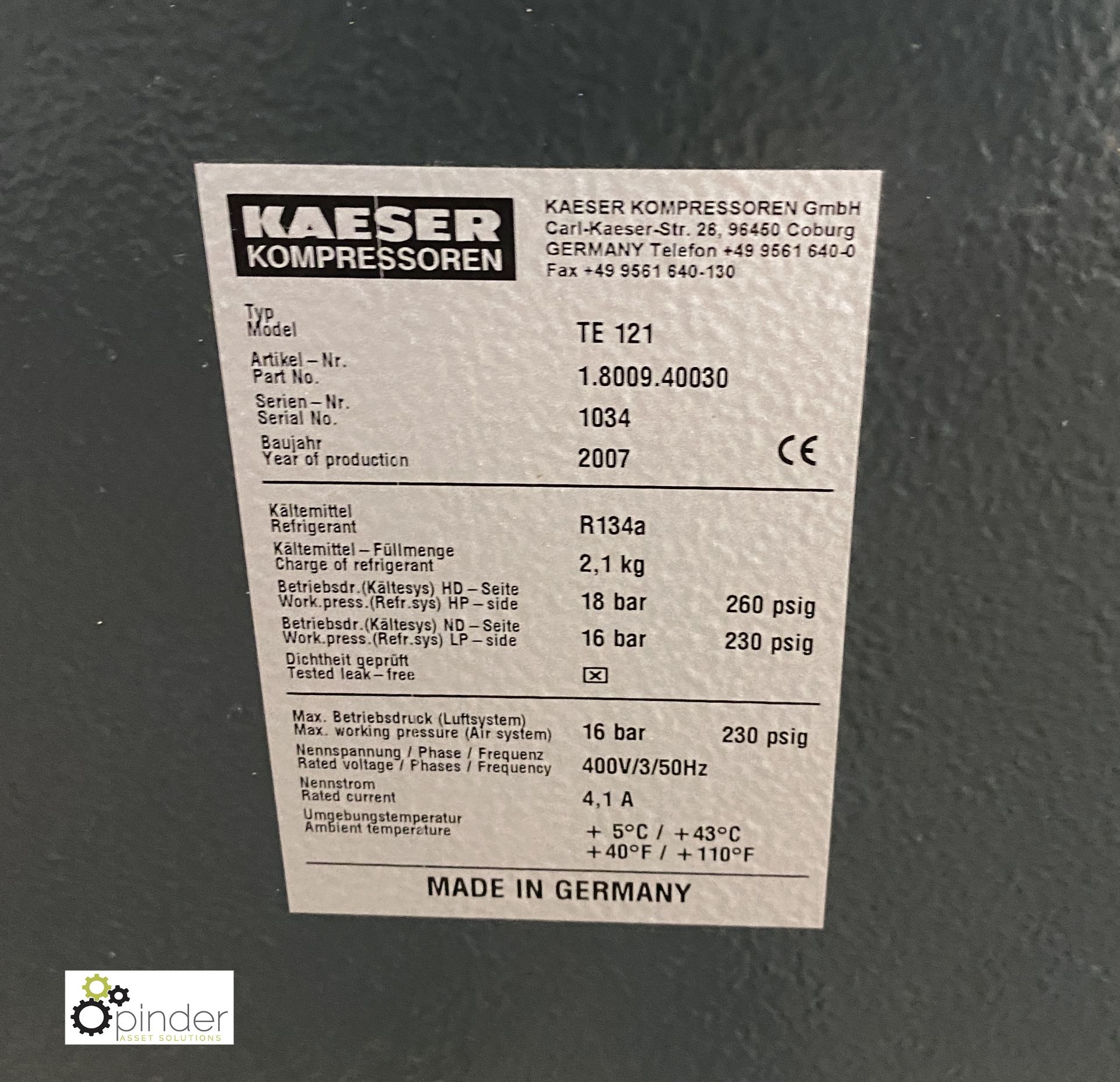 Kaeser TE121 Compressed Air Dryer, working pressure 16bar, year 2007, serial number 1034 (please - Image 4 of 5