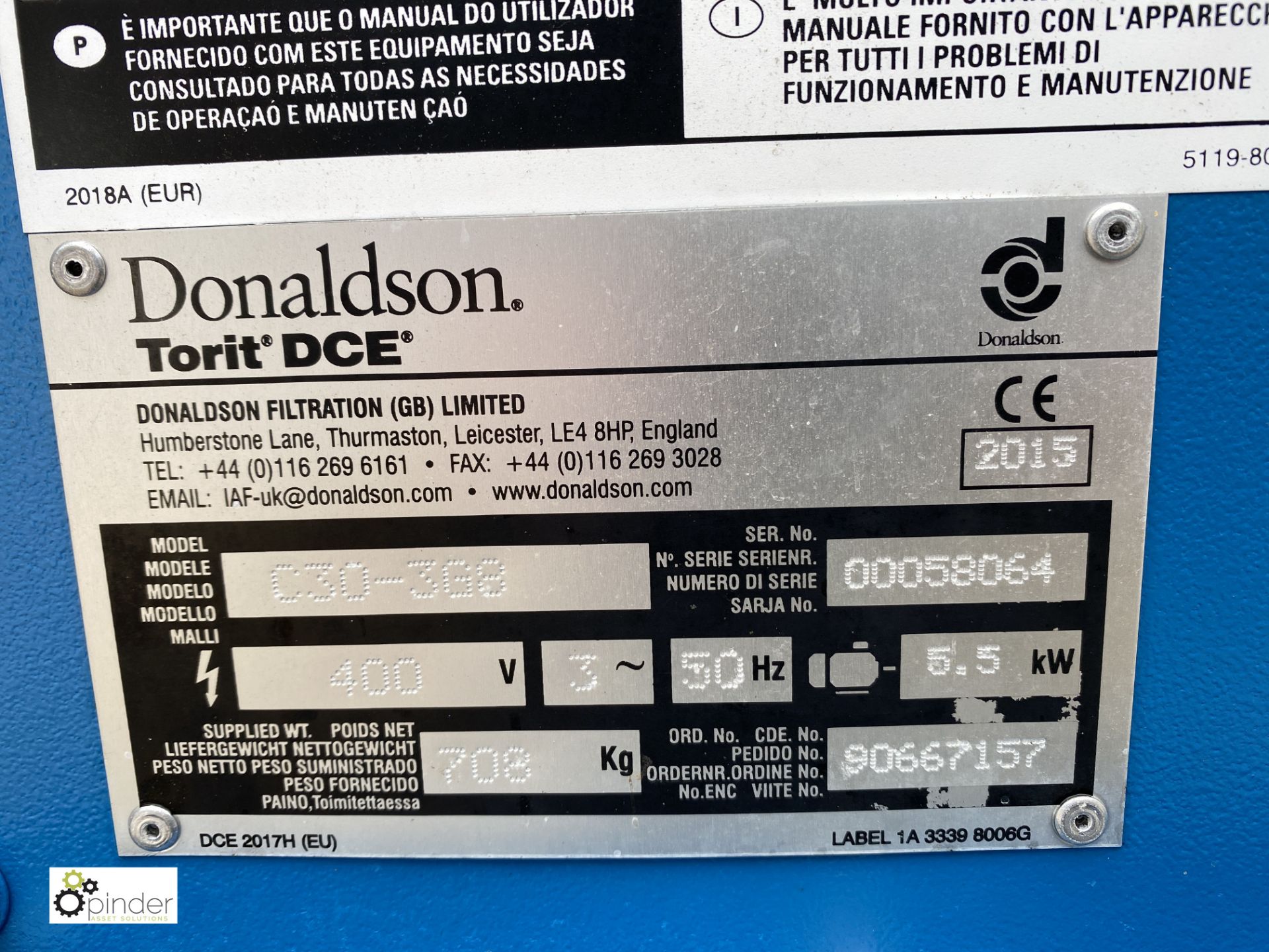 Donaldson Torit DCE C30-3G8 Dust Extraction Cabinet, year 2015, serial number 00058064 (please - Image 5 of 6