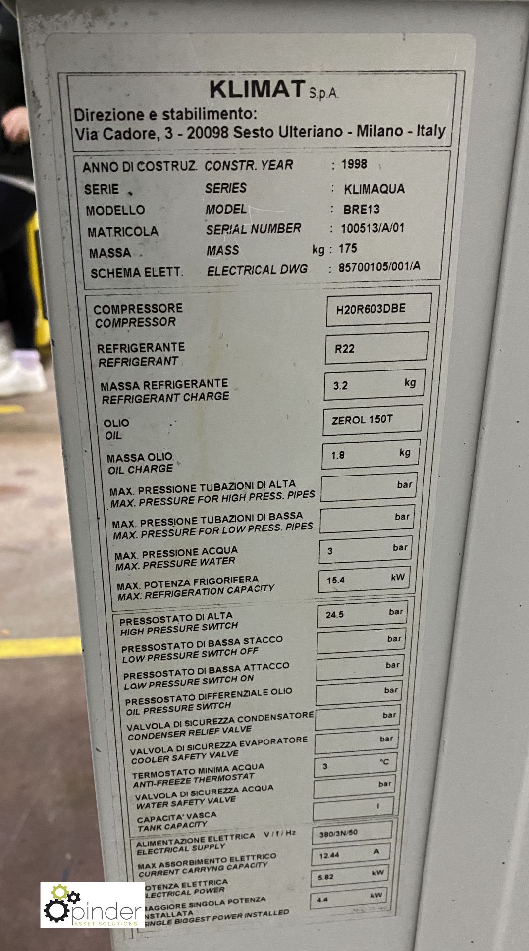 Climat BRE13 Chiller, refrigerant R22, year 1998, serial number 100513/A/01 (please note there is - Image 5 of 6