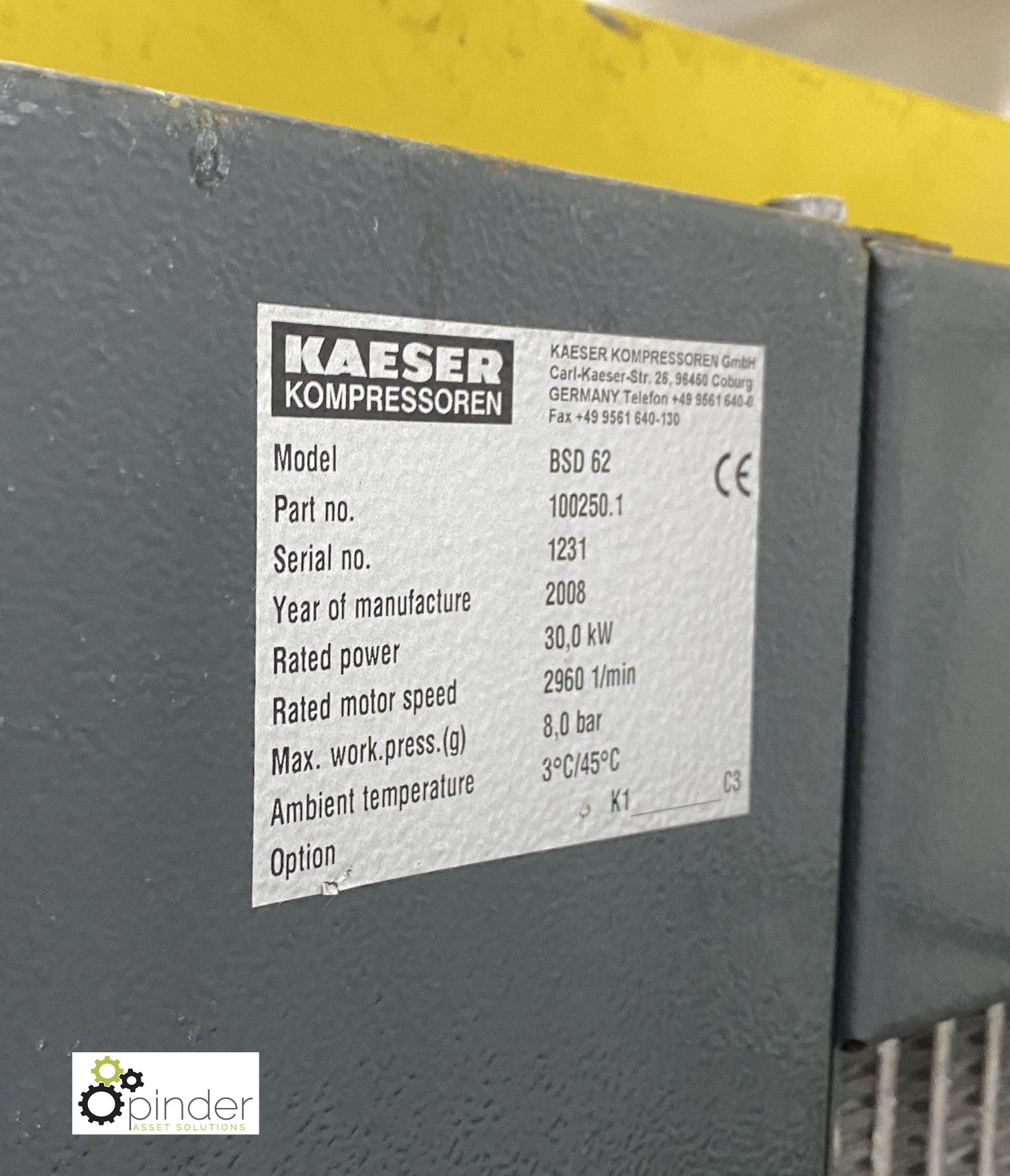 Kaeser BSD62 Packaged Rotary Screw Air Compressor, rated power 30kw, rated motor speed 2960 1/min, - Image 3 of 7