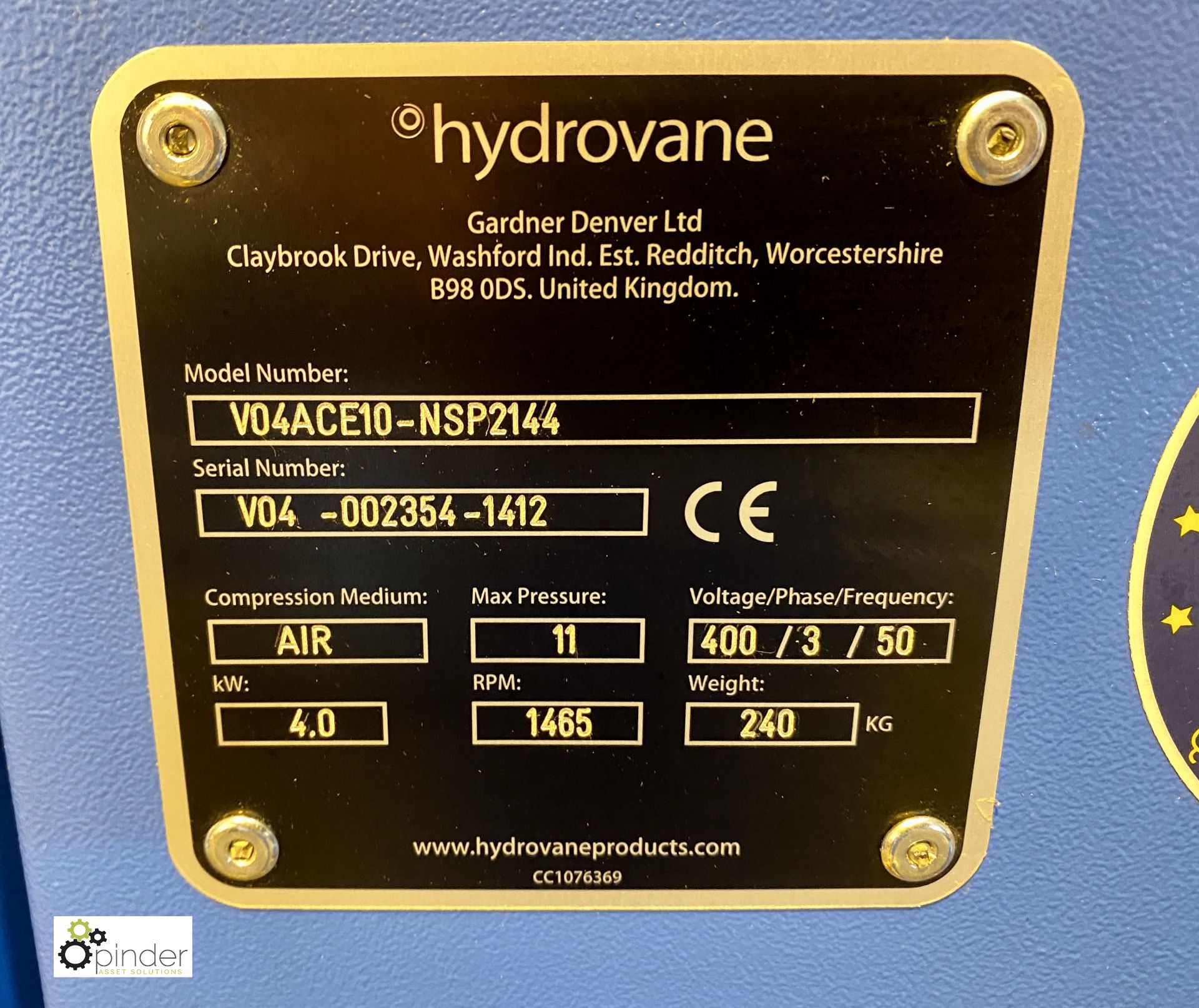 Hydrovane HV04ACE10-NSP2144 Air Compressor Set, with integrated vertical air receiving tank, 11bar - Image 6 of 6