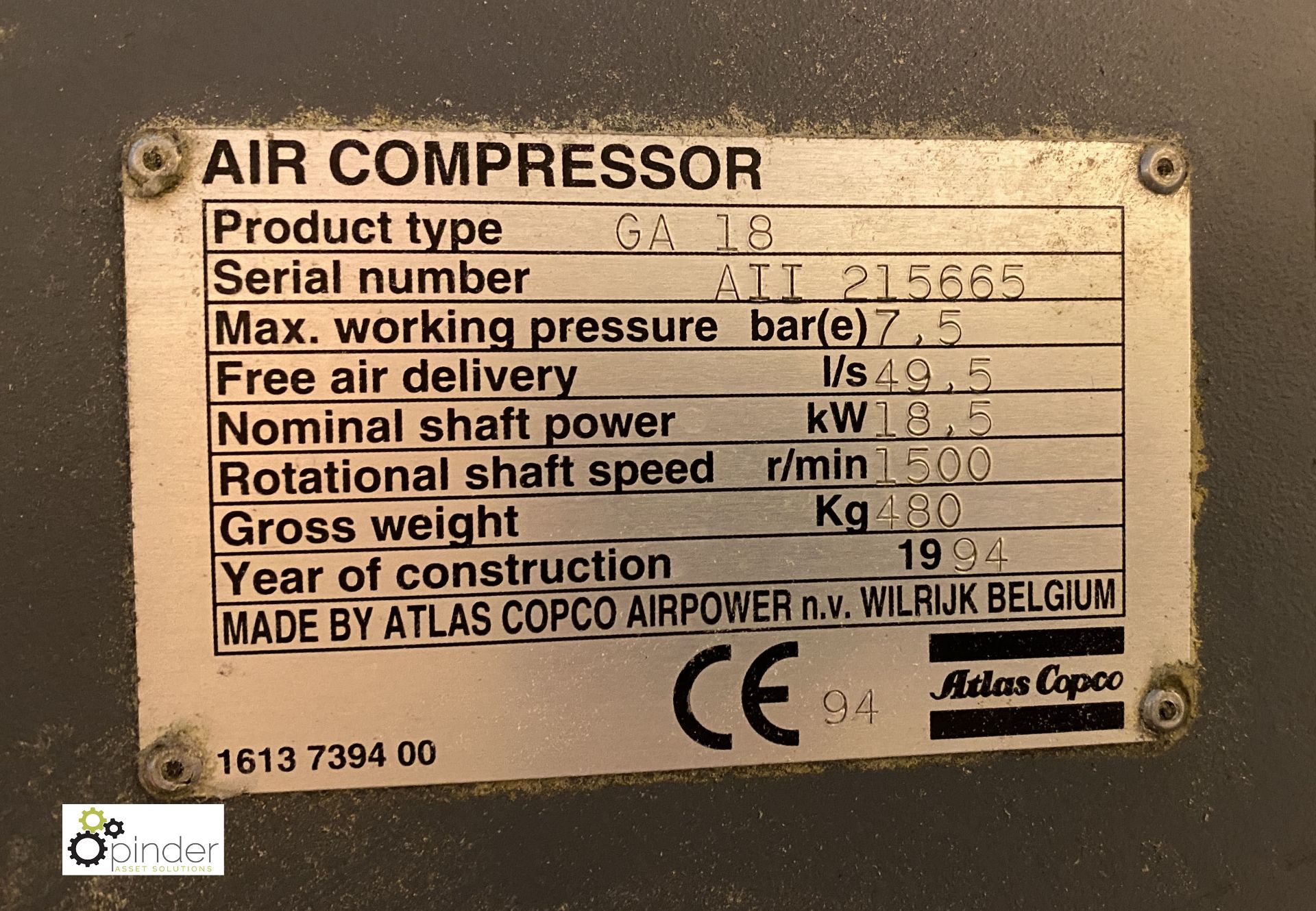 Atlas Copco GA18 Compressor, 44712hours, 7.5bar max working pressure, serial number AII215665 ( - Image 4 of 4