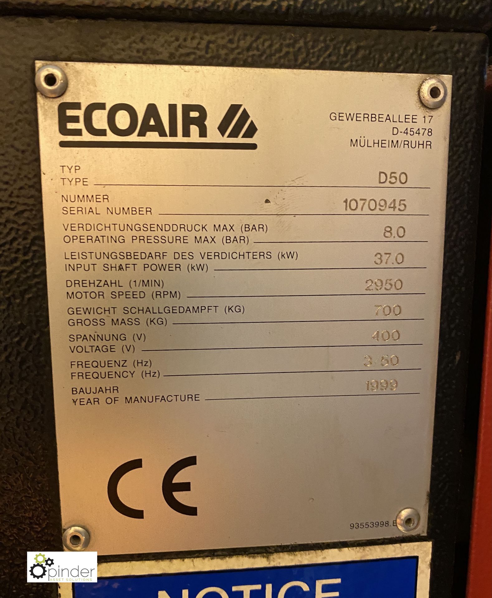 Ecoair D50 Packaged Air Compressor, 33429hours, 8bar max working pressure, 400volts (please note - Image 6 of 6