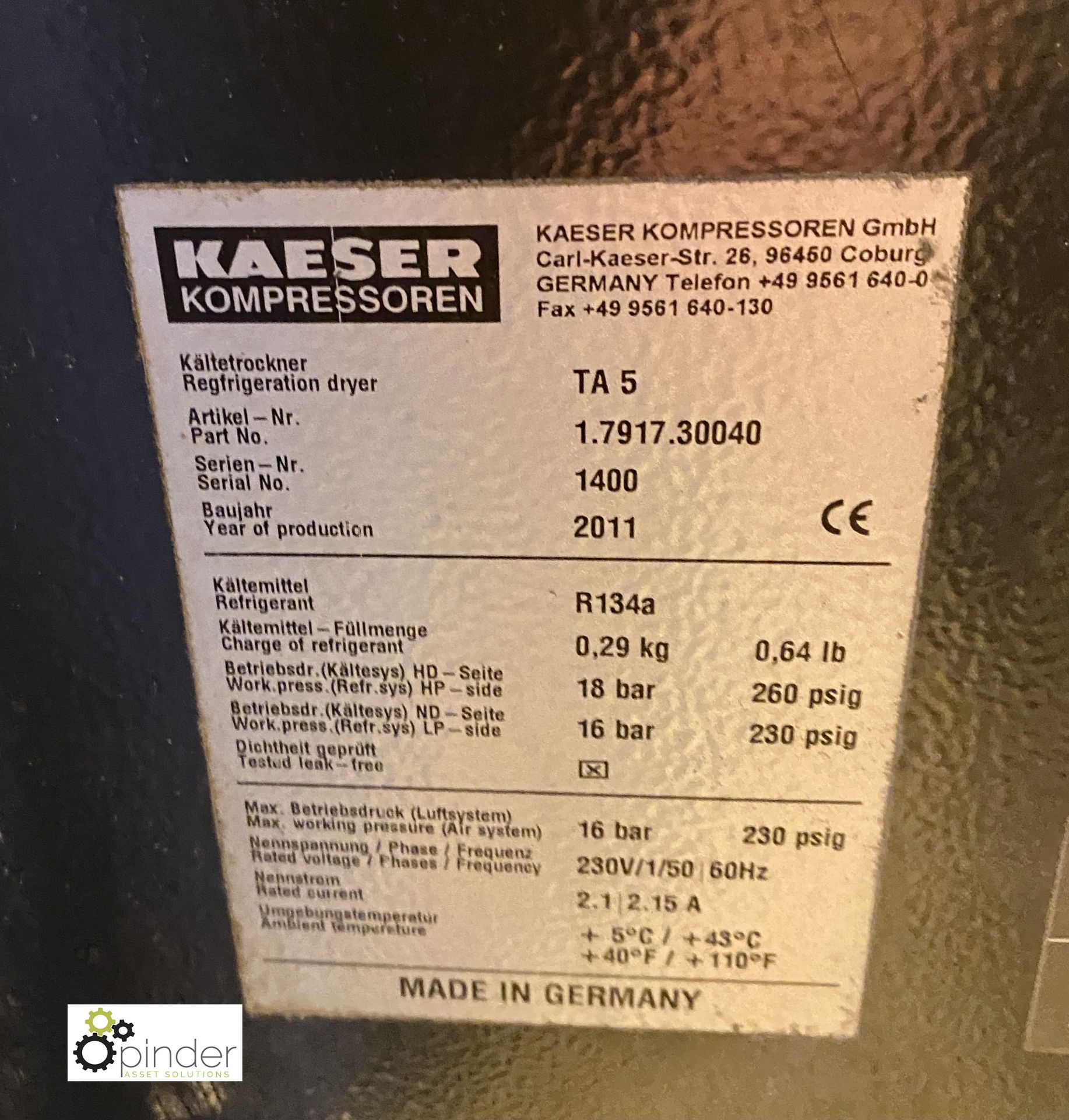 Kaeser TA5 Refrigerant Dryer, serial number 1400, year 2011 (please note there is a lift out fee - Image 3 of 4