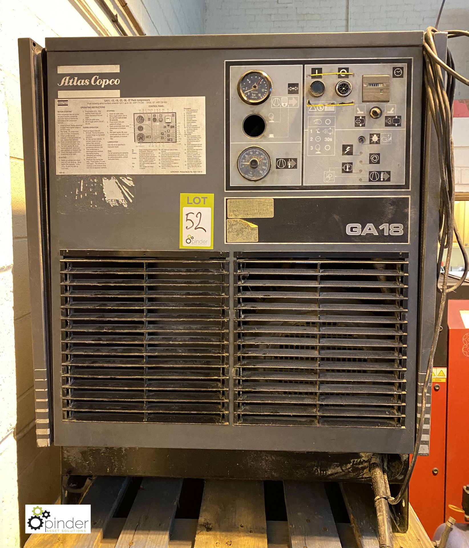 Atlas Copco GA18 Compressor, 44712hours, 7.5bar max working pressure, serial number AII215665 (