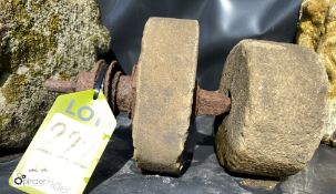 2 Antique Yorkshire Grinding Stones on a wrought i