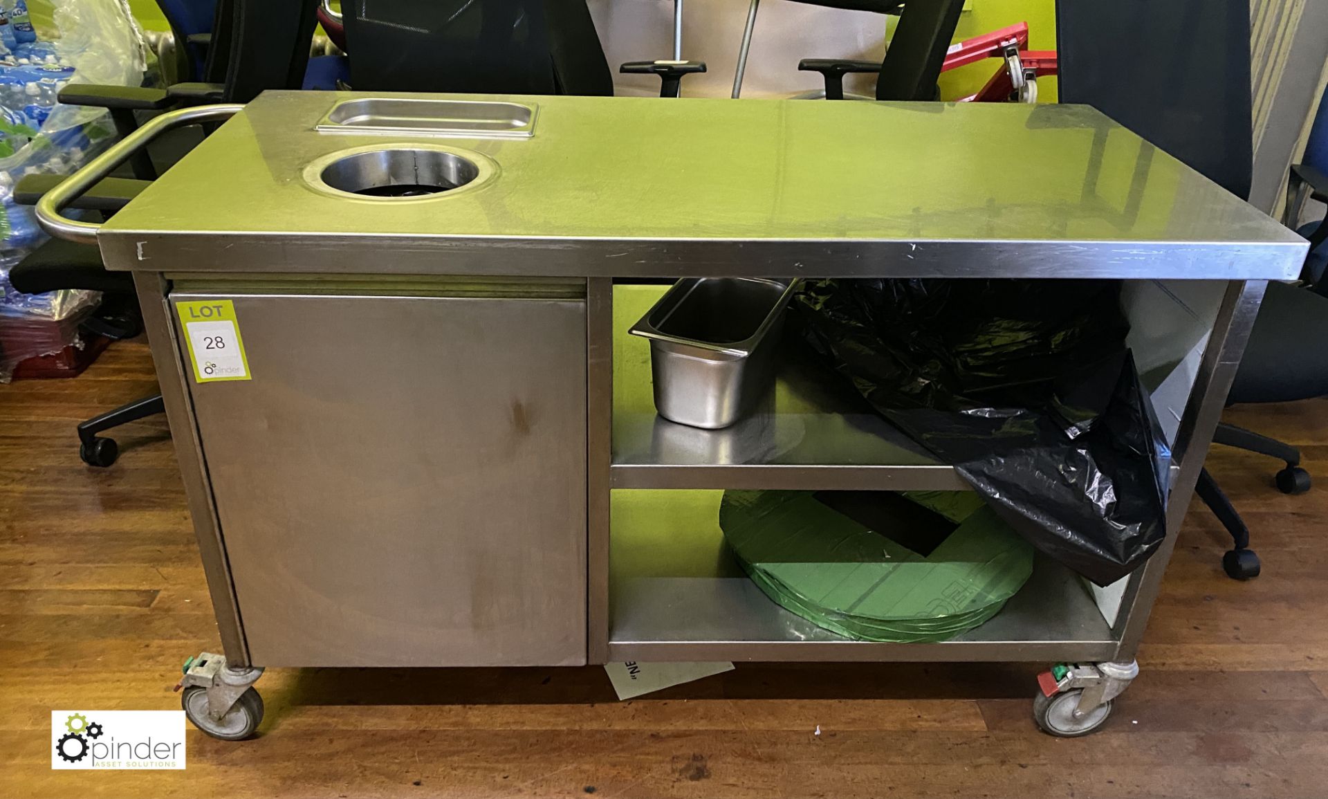 Stainless steel mobile Food Clear Up Station, 1400mm x 650mm x 850mm (in Kitchen) (LOCATION: