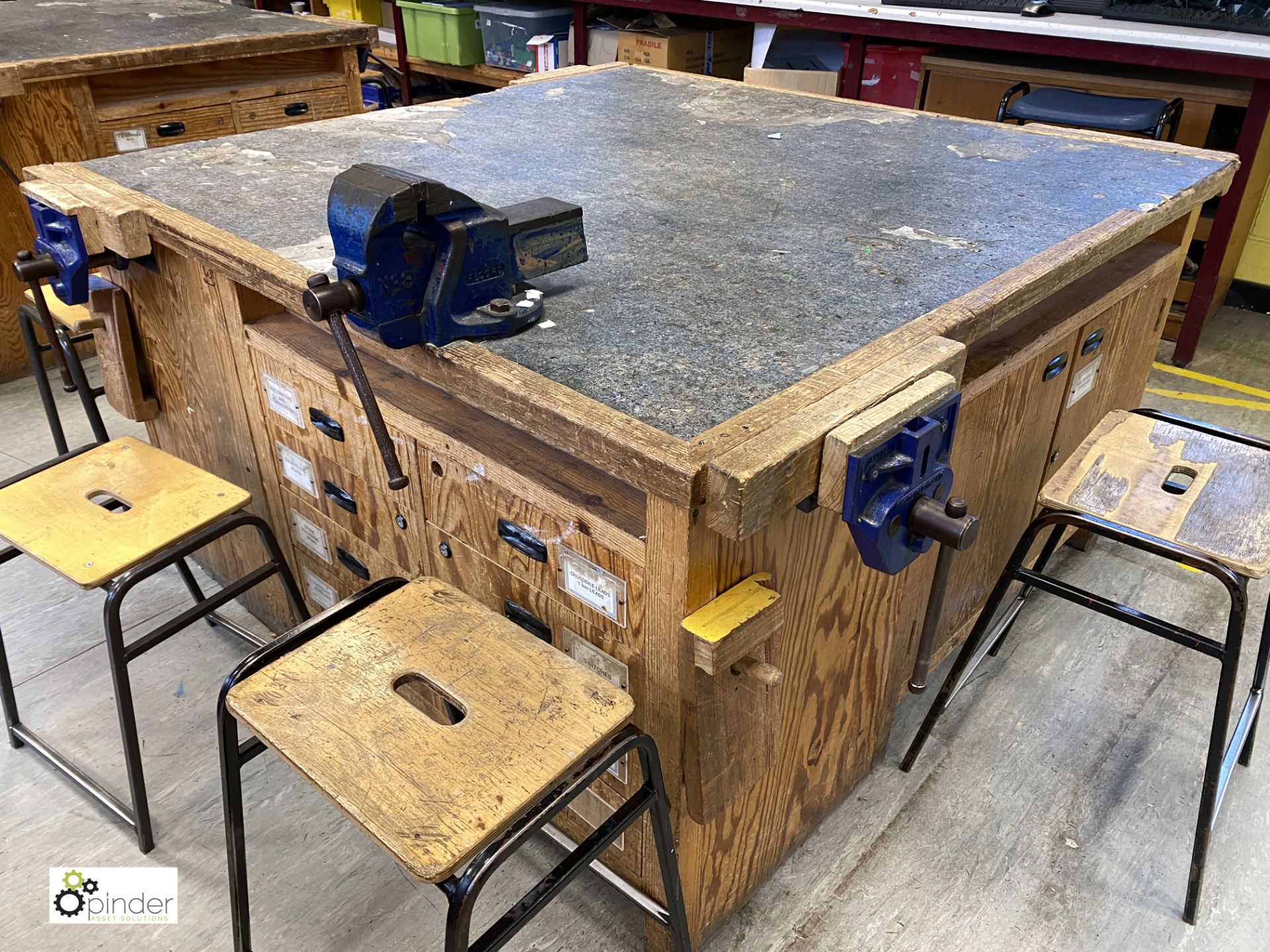 4-station Workbench, with 4 Record joiners vices and Record no3 engineers vice, 1450mm x 1440mm (