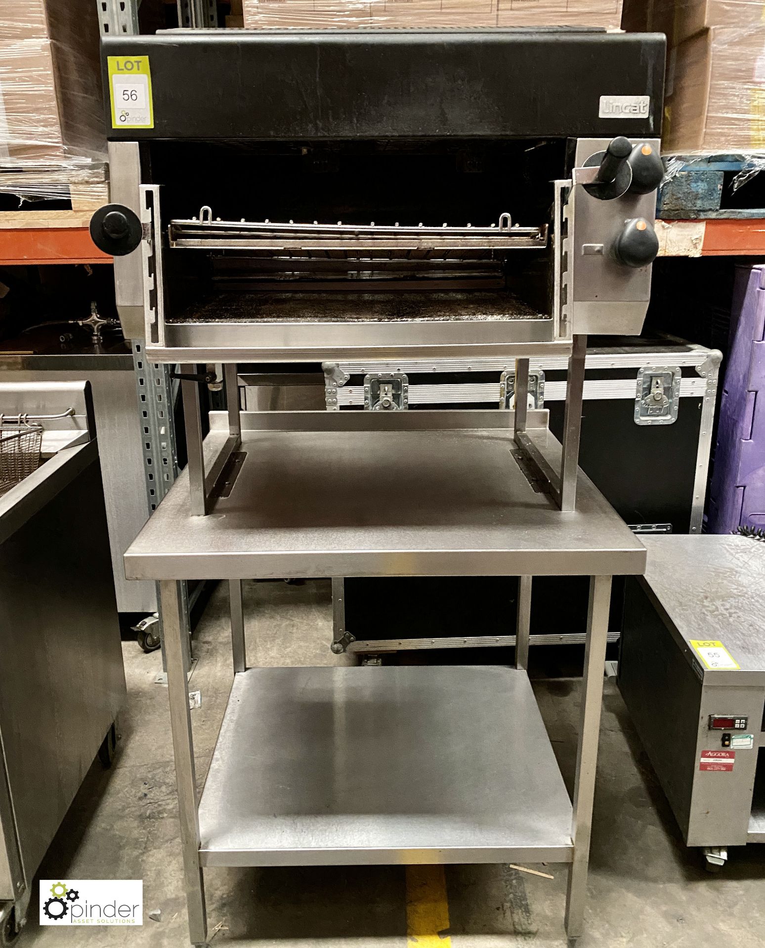 Lincat Salamander, gas fired, mounted on stainless steel preparation table, 900mm x 770mm x 930mm