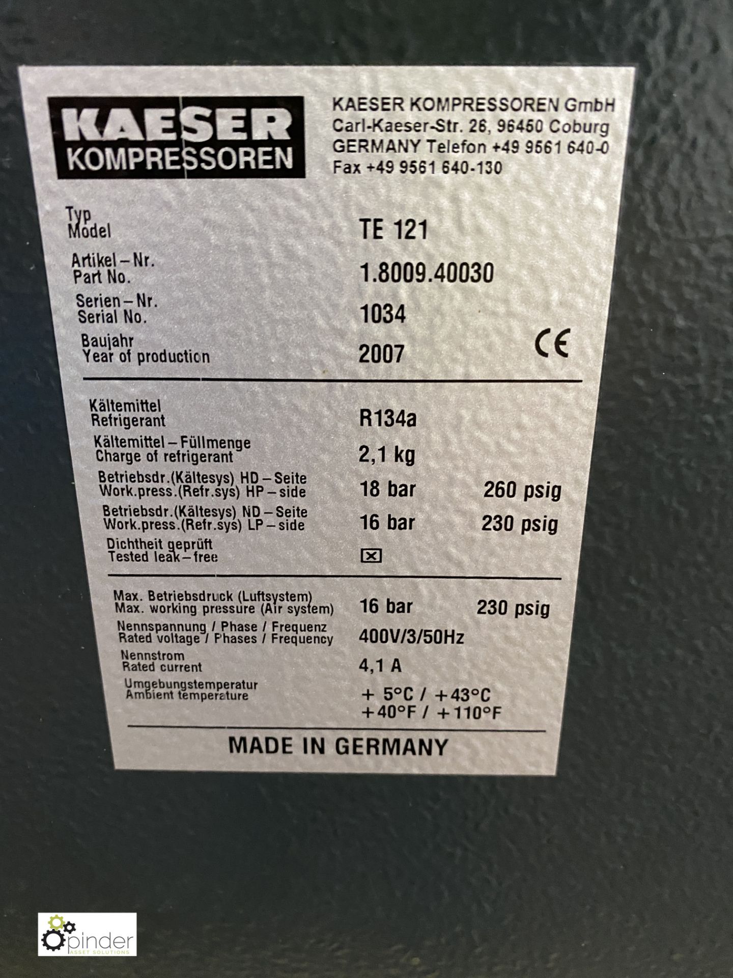 Kaeser TE121 Compressed Air Dryer, working pressure 16bar, year 2007, serial number 1034 ( - Image 3 of 5