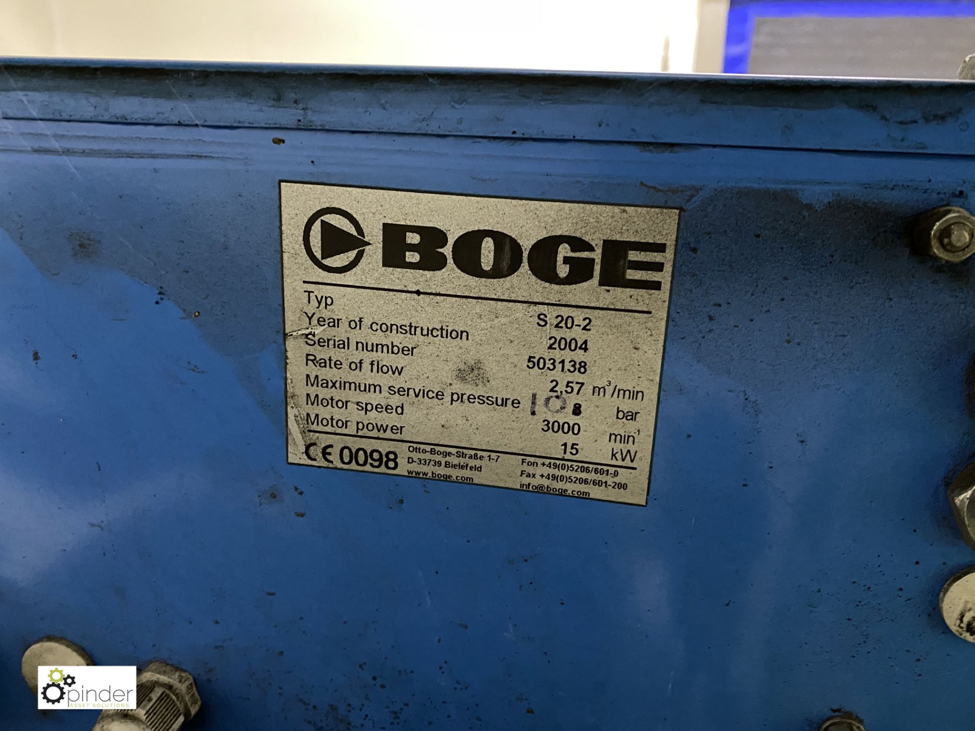 Boge S20-2 Packaged Air Compressor, swp 10bar, 15kw motor, year 2004, serial number 503138, - Image 5 of 7