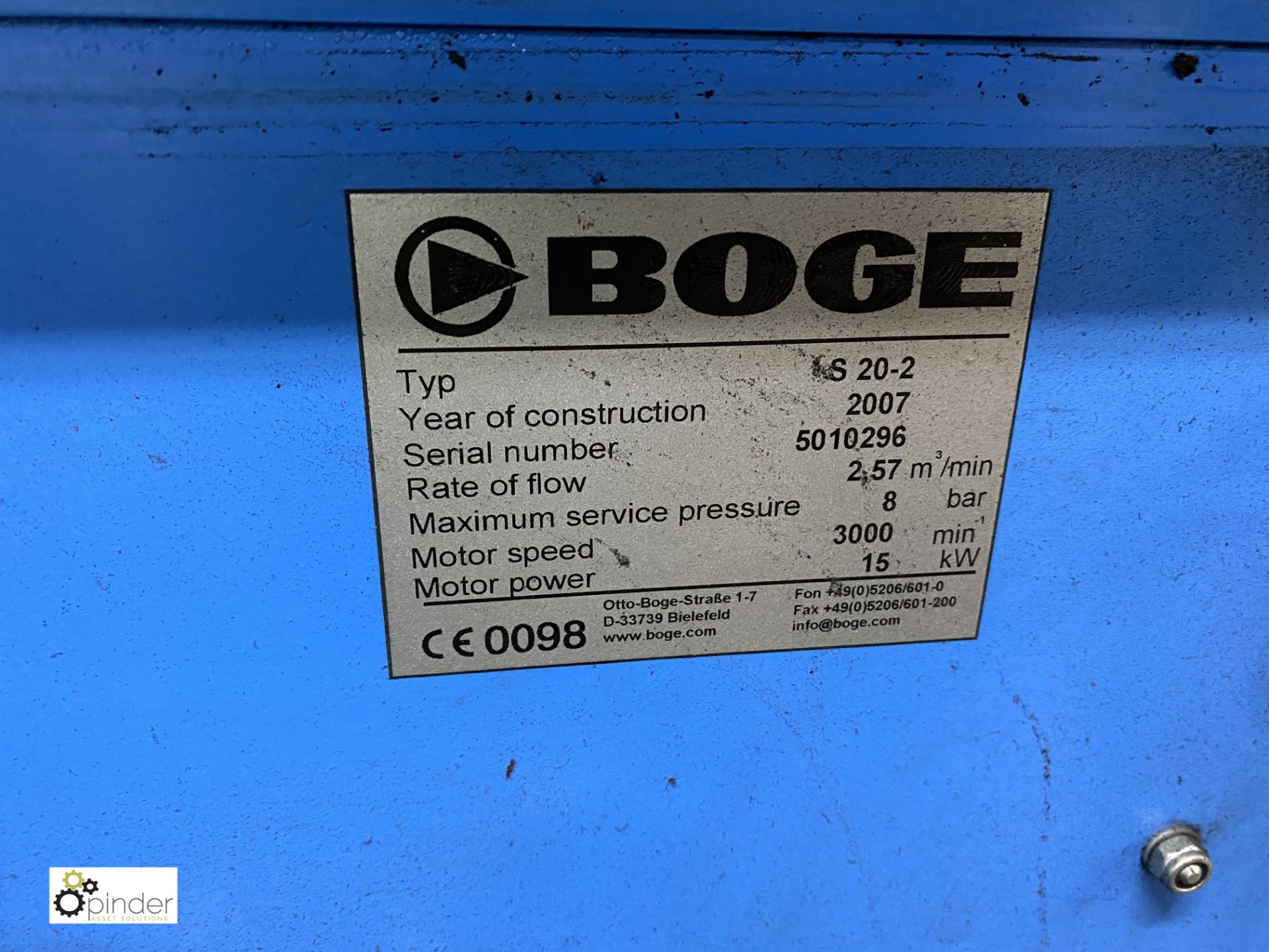 Boge S20-2 Packaged Air Compressor, swp 8bar, 15kw motor, year 2007, serial number 5010296, - Image 5 of 6