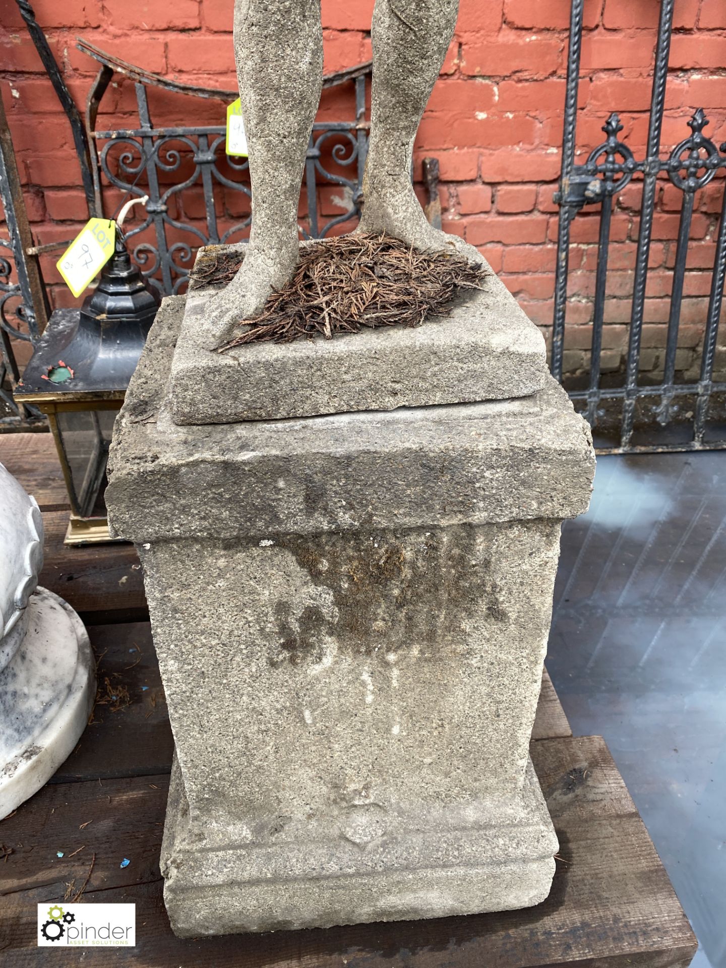 Stone Figure of young boy holding sundial, 890mm tall, on stone base, 540mm tall x 315mm x 315mm, - Image 8 of 12