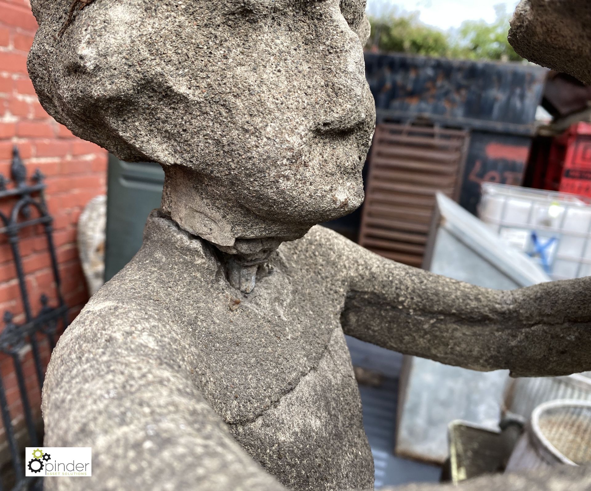 Stone Figure of young boy holding sundial, 890mm tall, on stone base, 540mm tall x 315mm x 315mm, - Image 4 of 12