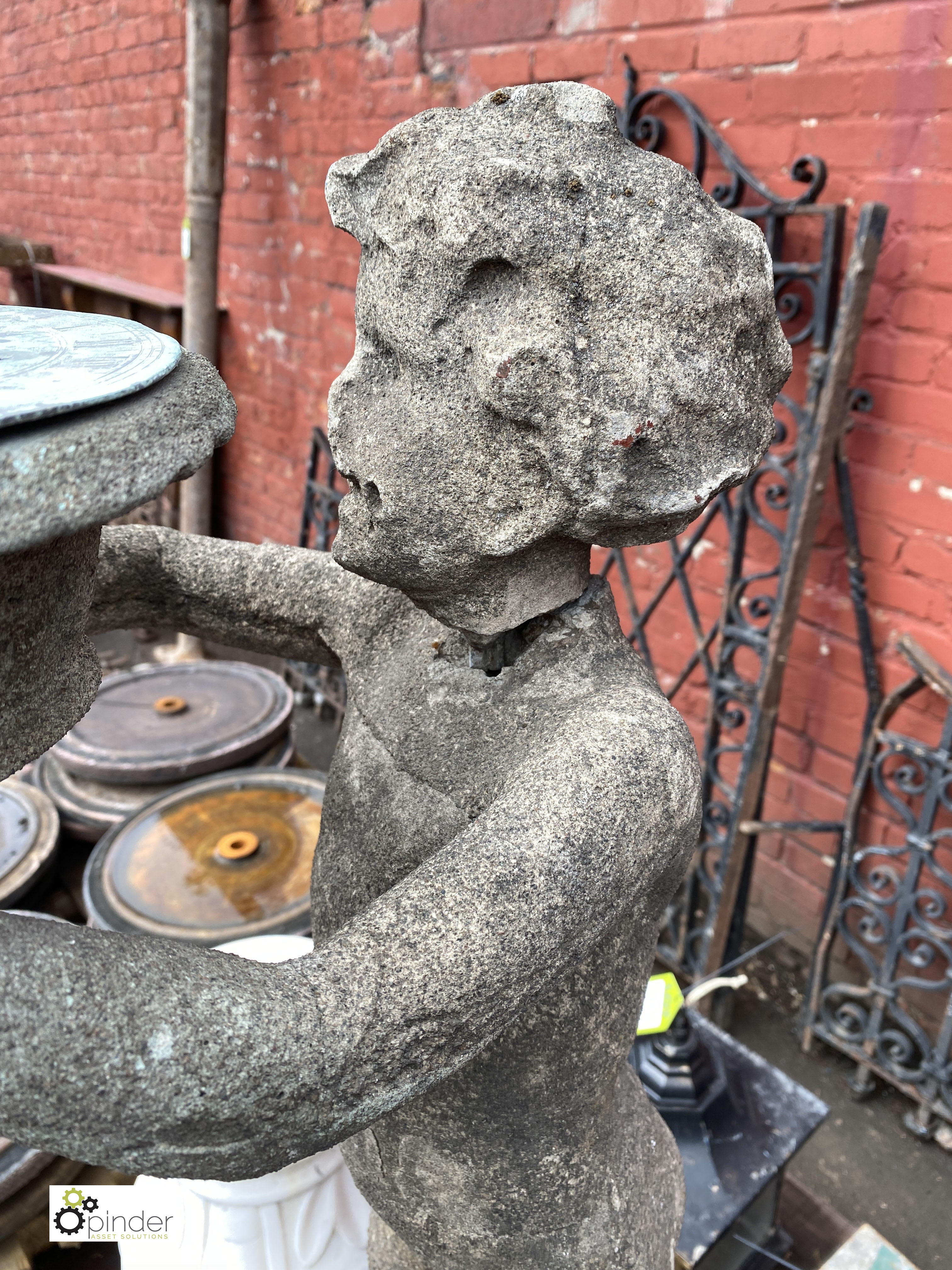 Stone Figure of young boy holding sundial, 890mm tall, on stone base, 540mm tall x 315mm x 315mm, - Image 9 of 12