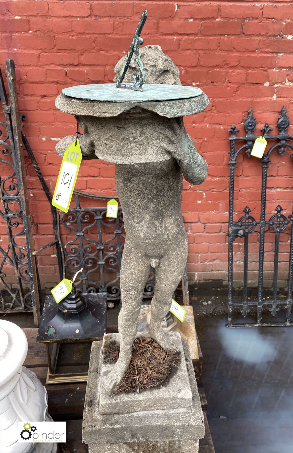 Stone Figure of young boy holding sundial, 890mm tall, on stone base, 540mm tall x 315mm x 315mm, - Image 2 of 12