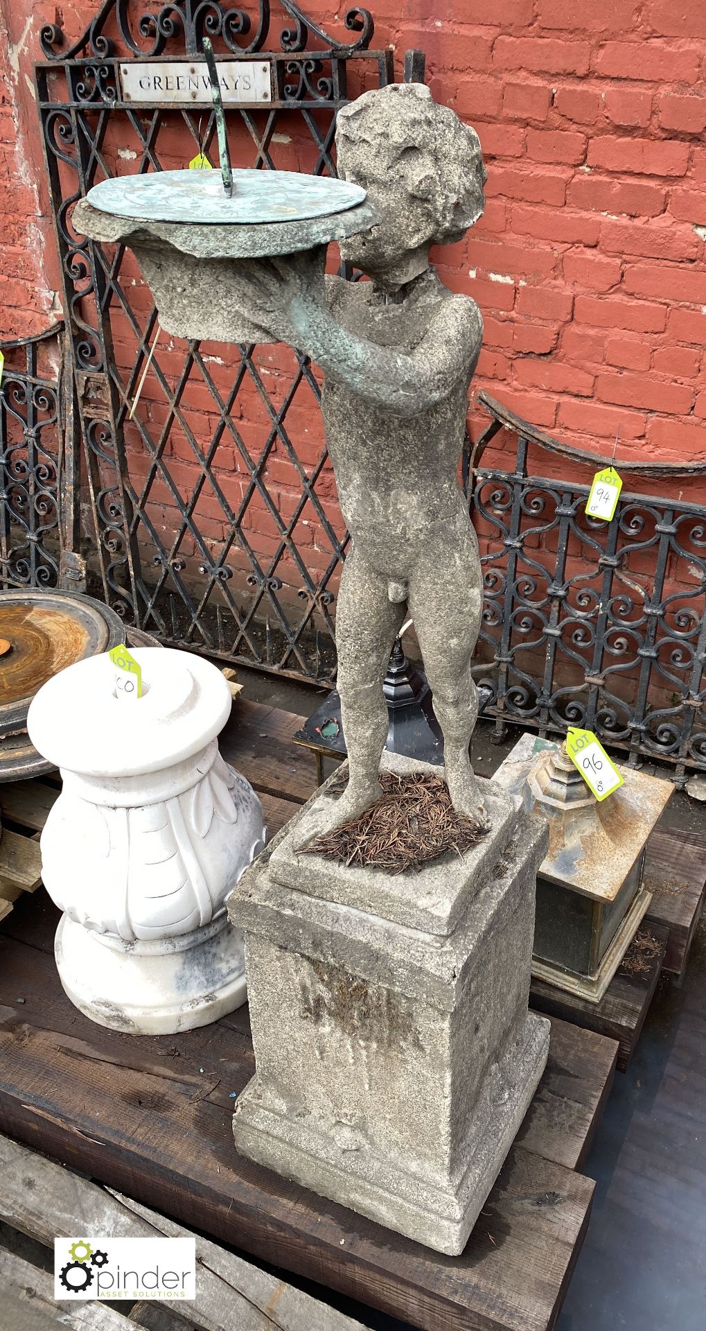 Stone Figure of young boy holding sundial, 890mm tall, on stone base, 540mm tall x 315mm x 315mm, - Image 12 of 12