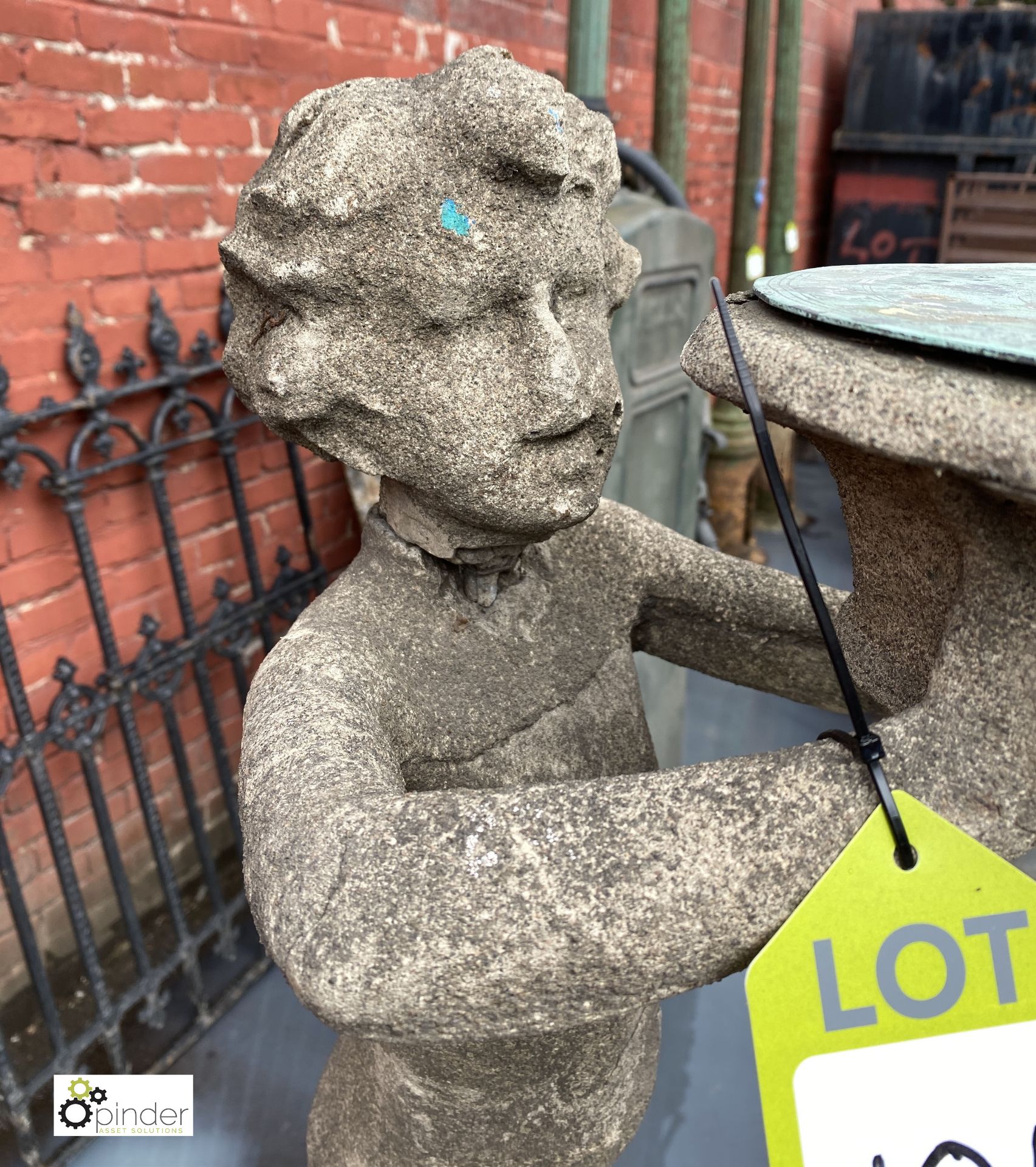 Stone Figure of young boy holding sundial, 890mm tall, on stone base, 540mm tall x 315mm x 315mm, - Image 3 of 12