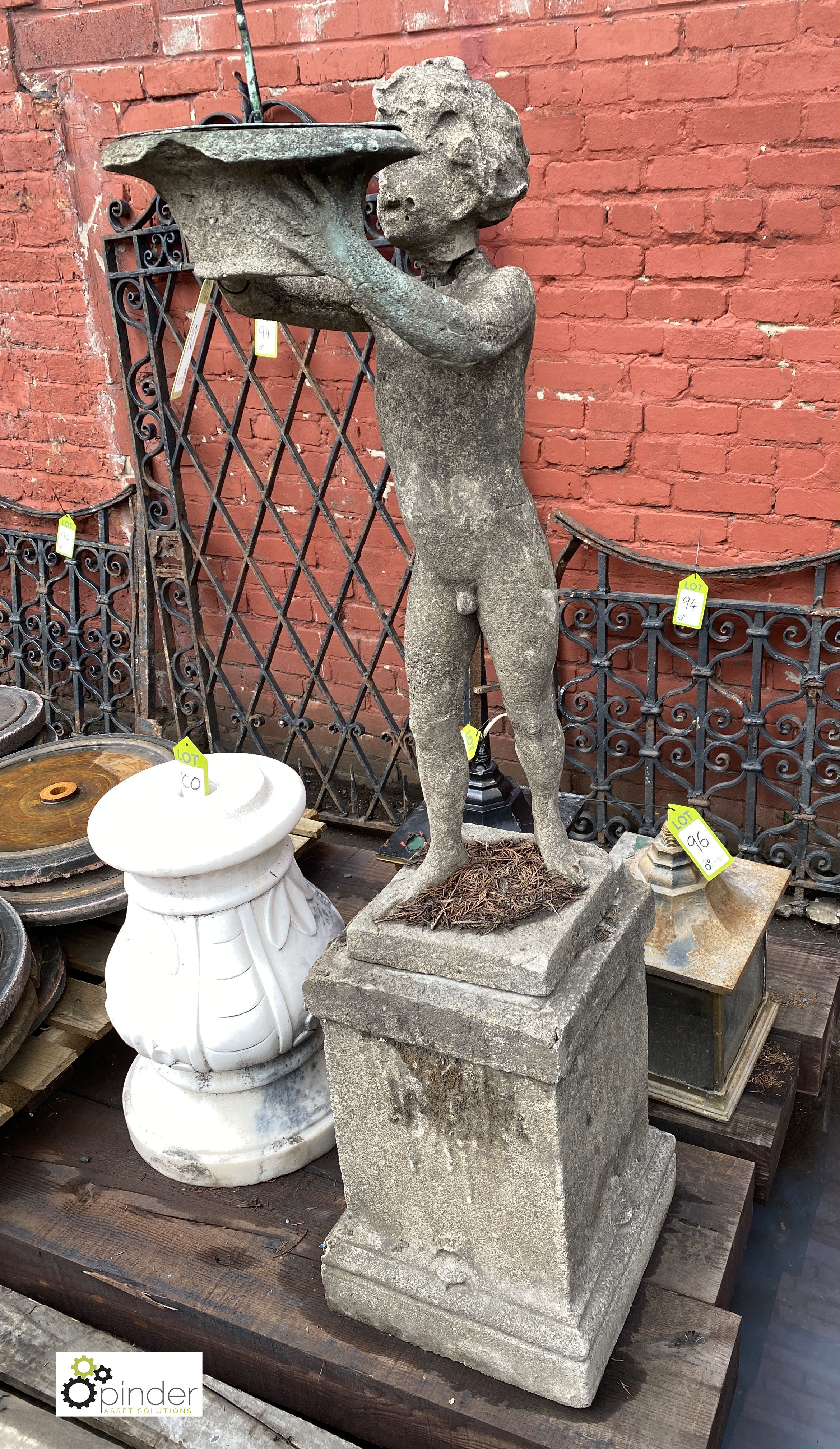 Stone Figure of young boy holding sundial, 890mm tall, on stone base, 540mm tall x 315mm x 315mm, - Image 11 of 12