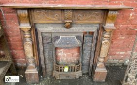 Fireplace comprising carved wood surround, 1500mm wide x 1200mm tall, with cast iron inset, etc (