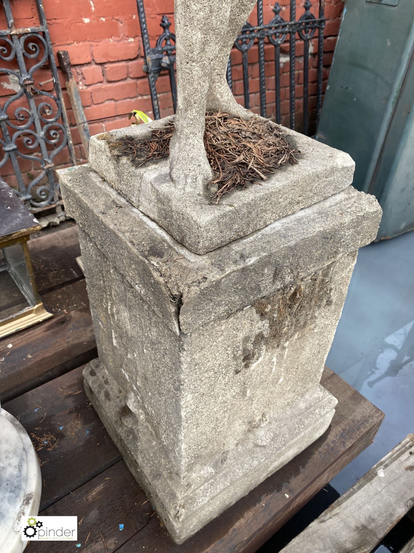 Stone Figure of young boy holding sundial, 890mm tall, on stone base, 540mm tall x 315mm x 315mm, - Image 7 of 12