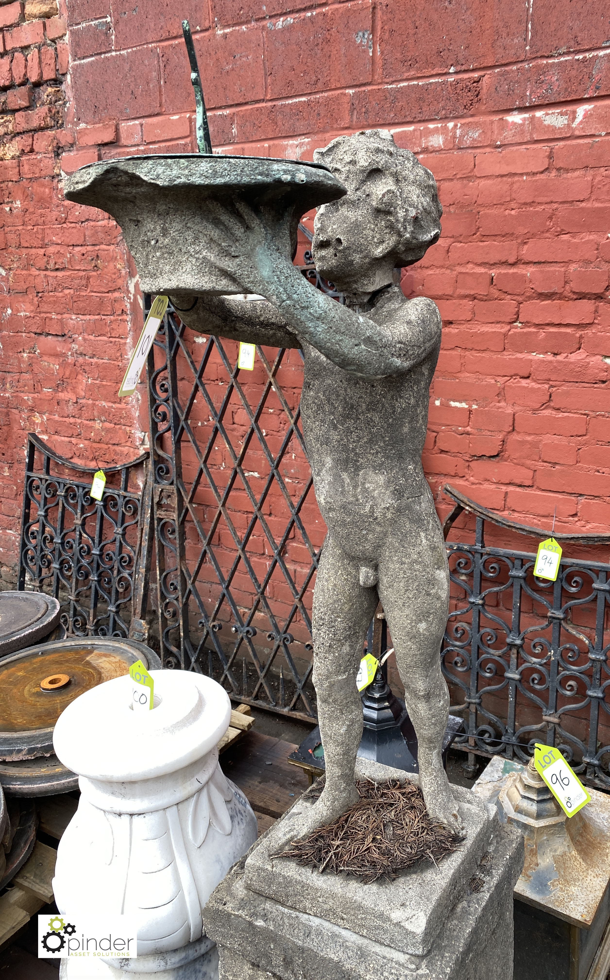 Stone Figure of young boy holding sundial, 890mm tall, on stone base, 540mm tall x 315mm x 315mm, - Image 10 of 12