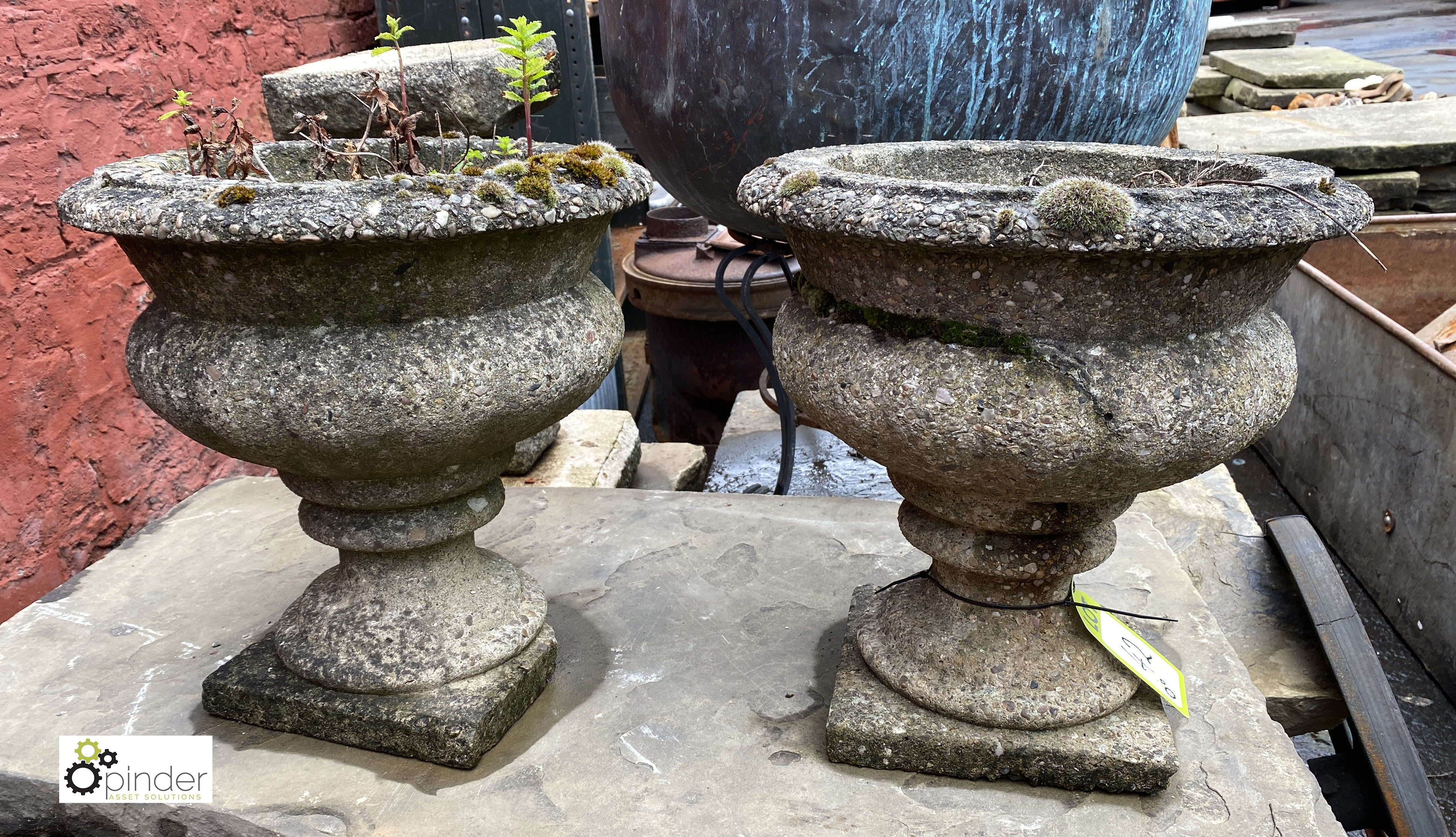 Pair reconstituted stone Garden Urns, 400mm diameter, 400mm tall, base damaged to one urn (LOCATION: