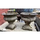 Pair reconstituted stone Garden Urns, 400mm diameter, 400mm tall, base damaged to one urn (LOCATION: