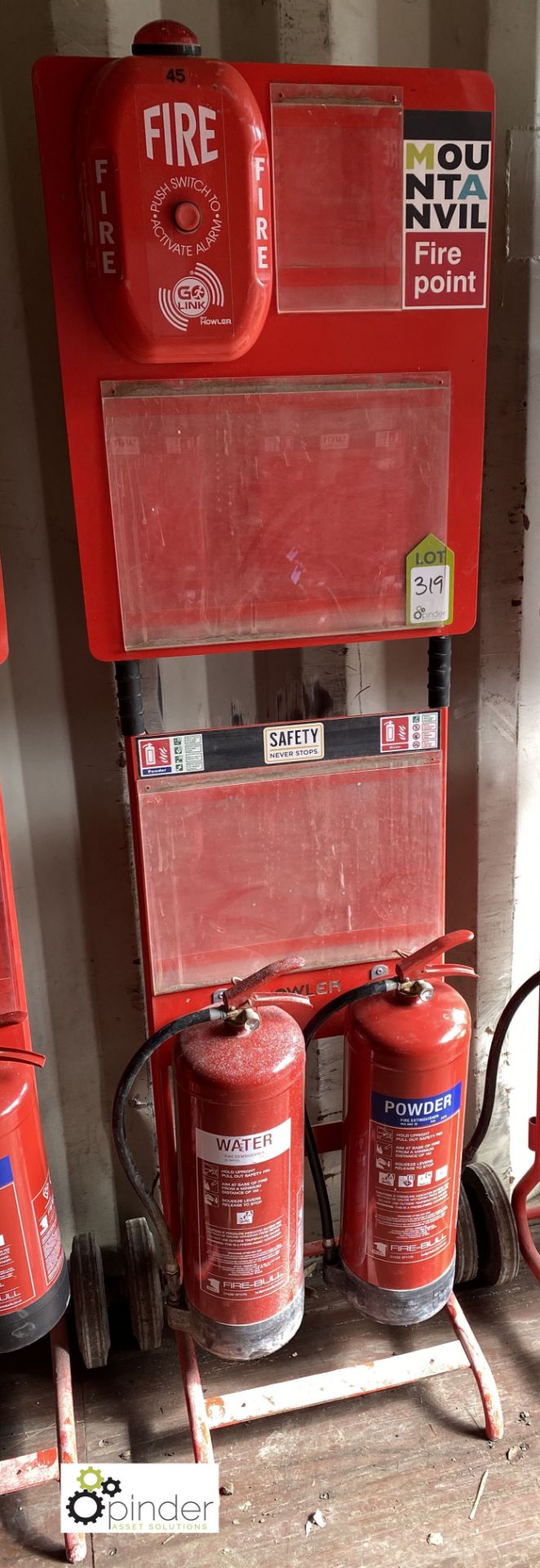 Howler mobile Fire Point, with signage, site alert alarm, water fire extinguisher and powder fire