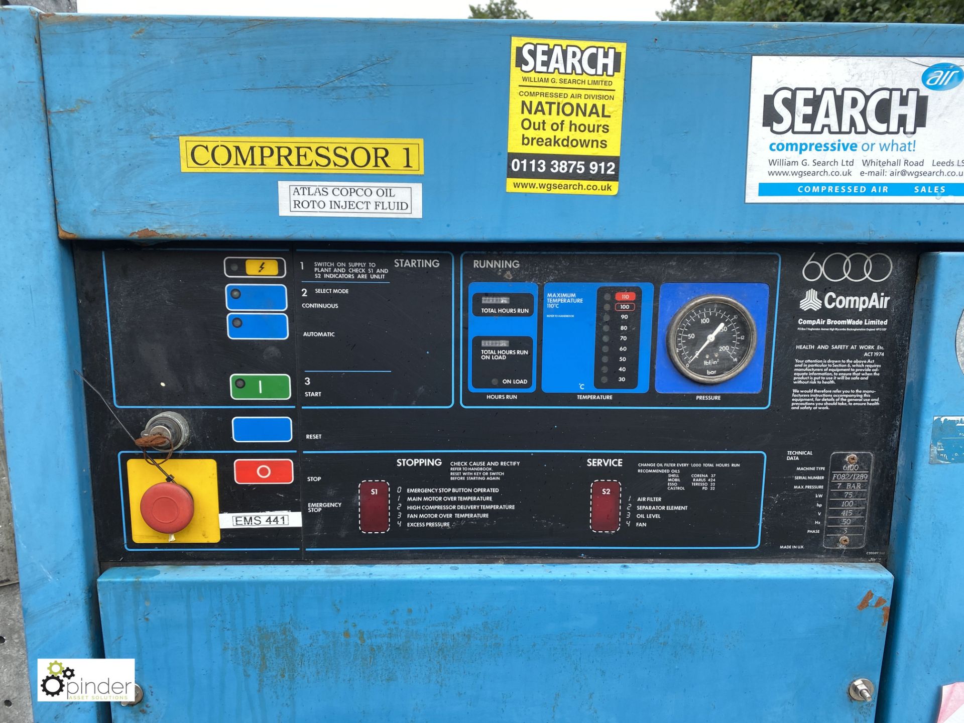 Compair Type 6100 Packaged Air Compressor, Serial No F082/1289, Maximum pressure 7 bar, 75 Kw, 100 - Image 3 of 6