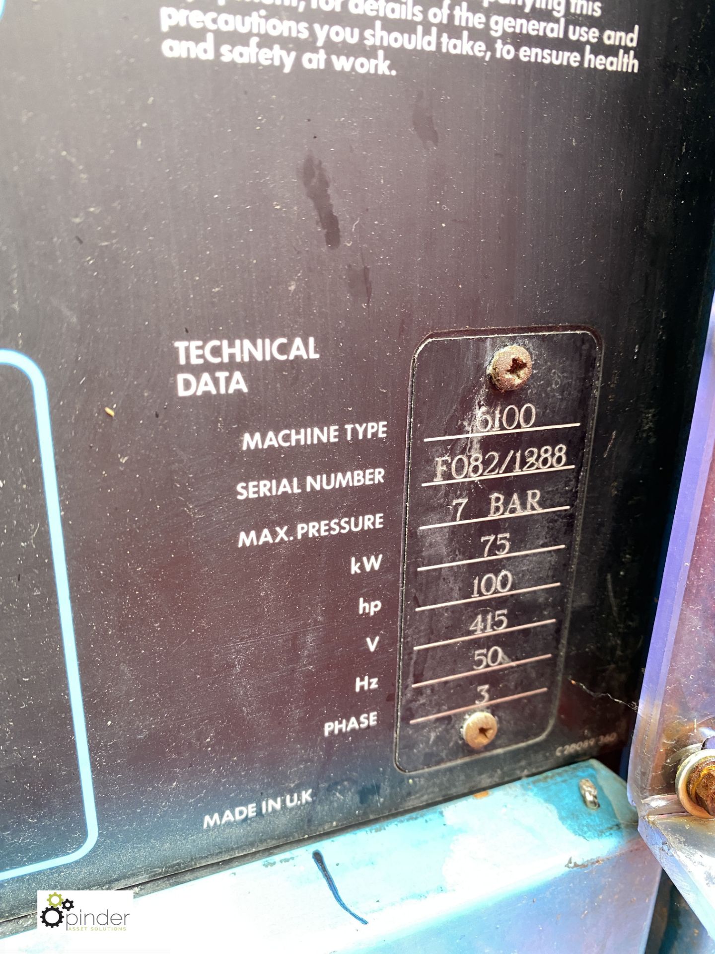 Compair Broomwade 6100 Packaged Air Compressor, serial number F082/1288, Maximum pressure 7bar, - Image 7 of 9