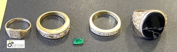4 Gold Rings with stones comprising 3 x 18 carat 1 x 9 carat 1 x princess cut emerald