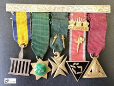 5 miniature Medals, ribbons and brooch, most medals stamped silver on rear