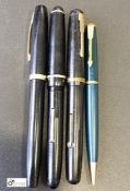 3 Vintage Fountain Pens, Sheaffer, Pen with Duroid Nib, Pen with Osmiroid Nib and Parker