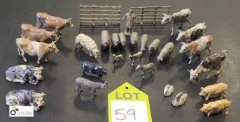 29 pieces vintage metal Farm Animals, Farmer and 2 Fences, some stamped Britains