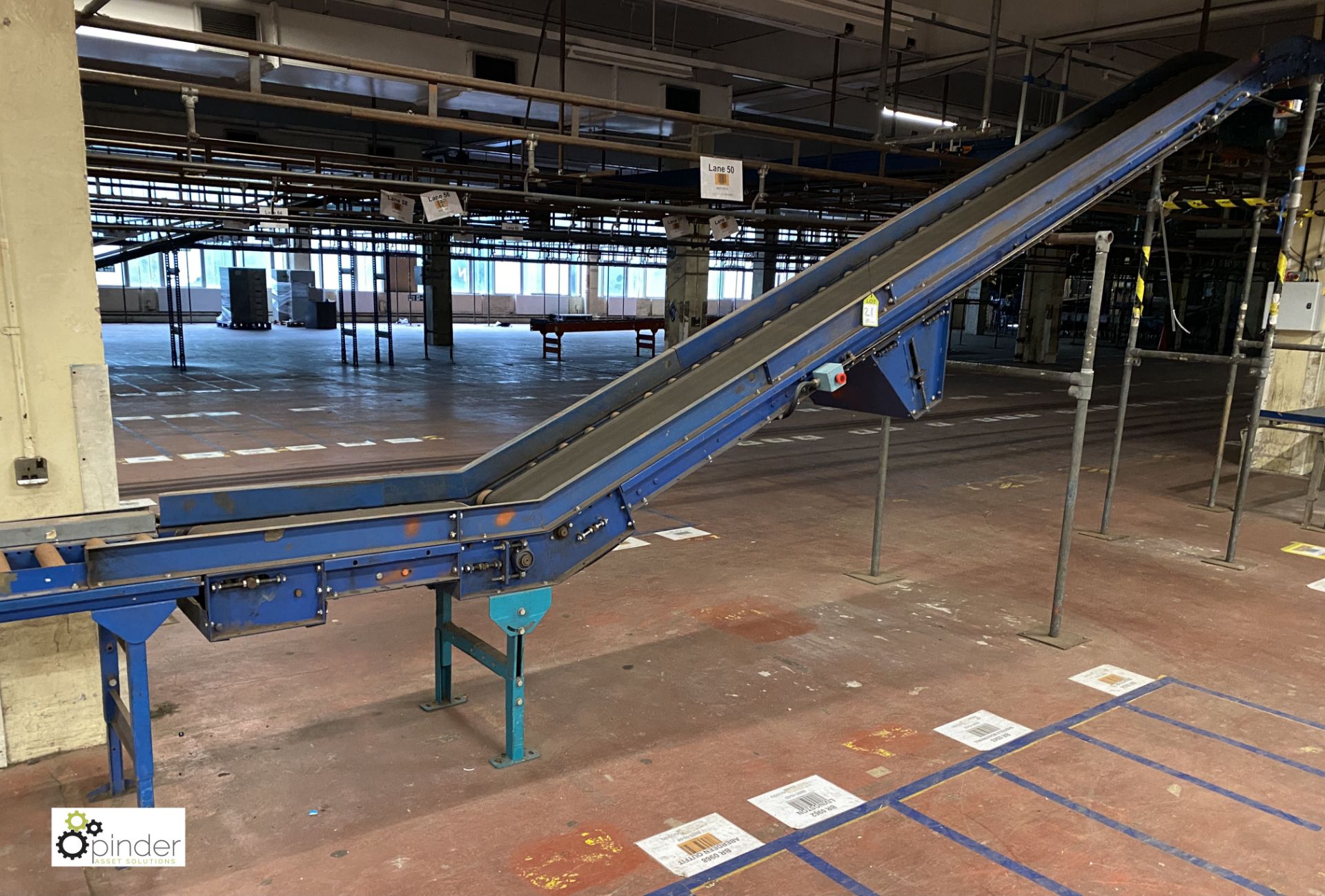 Powered inclined Belt Conveyor, 6.5m long, 2.7m high, 400mm roller width (on ground floor)