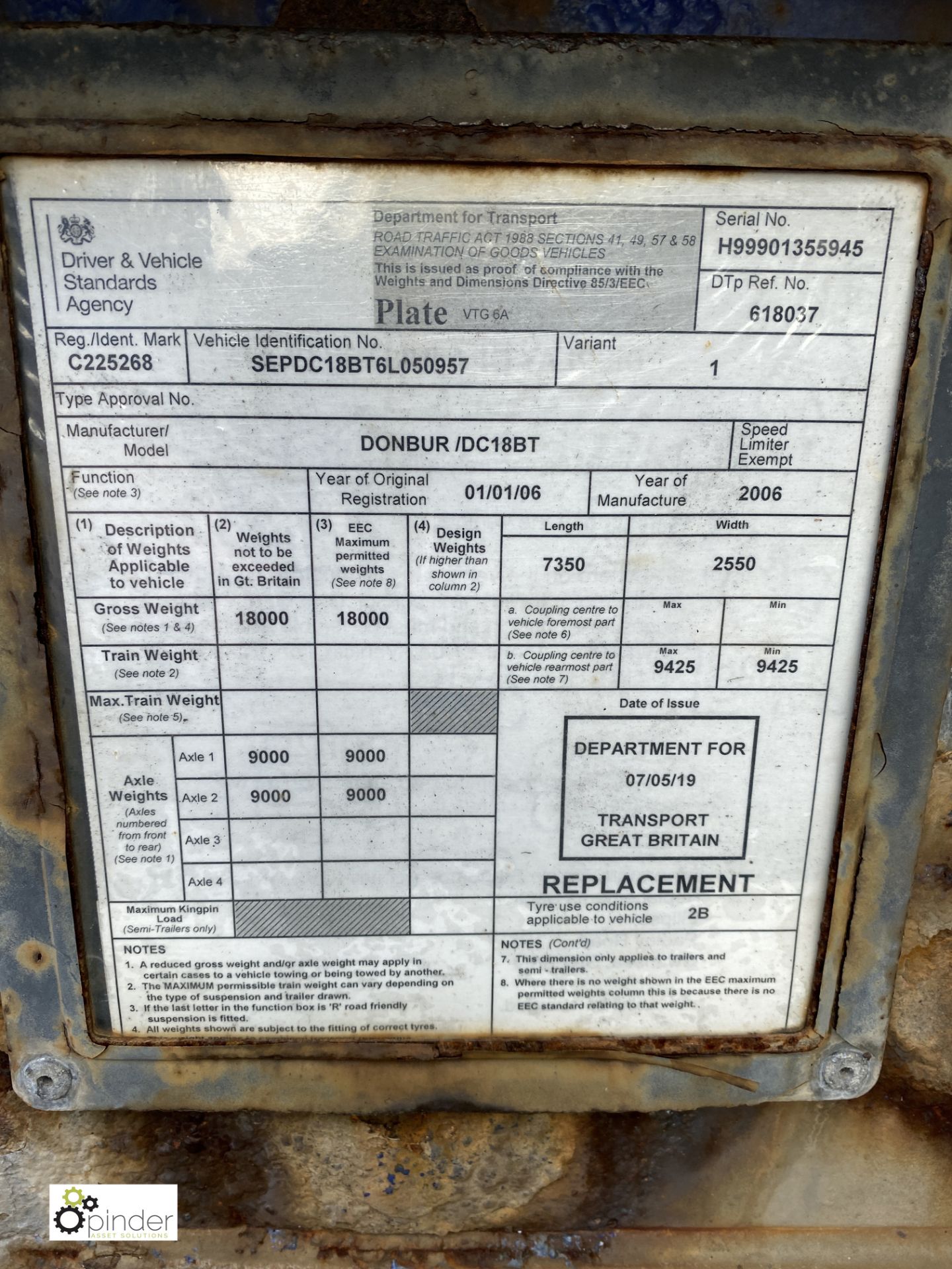 Don-Bur DC18BT twin axle draw bar Demount Trailer, year 2006, 18tonne GVW, registration C225268, - Image 3 of 5