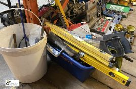 Quantity Hand Tools, including saws, spirit levels, etc, to 2 bins