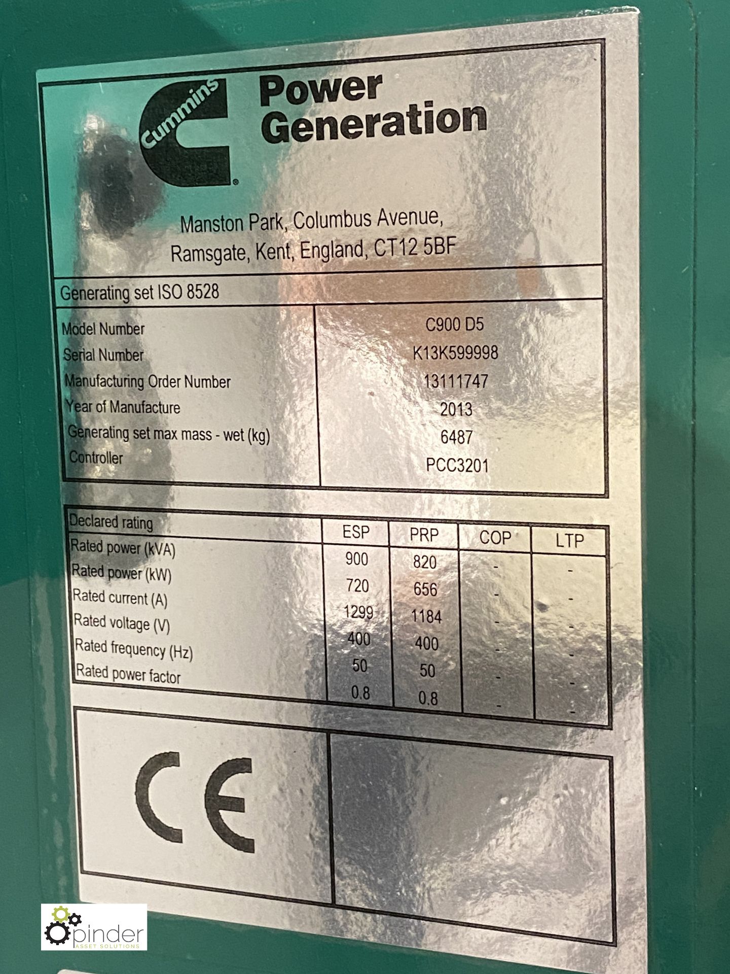 Cummins C900D5 Generator, base rating 910kva, 728kw, 50 hertz, hours run 119, serial number - Image 6 of 14