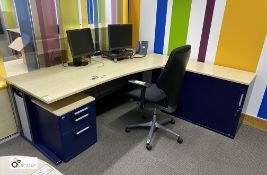 Werndl light oak effect Executive Office Suite comprising shaped desk 2000mm x 1000mm x 720mm, 3-