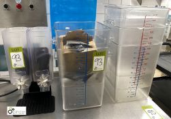 5 plastic Measuring Bins, Egg Poachers and Cereal Dispenser